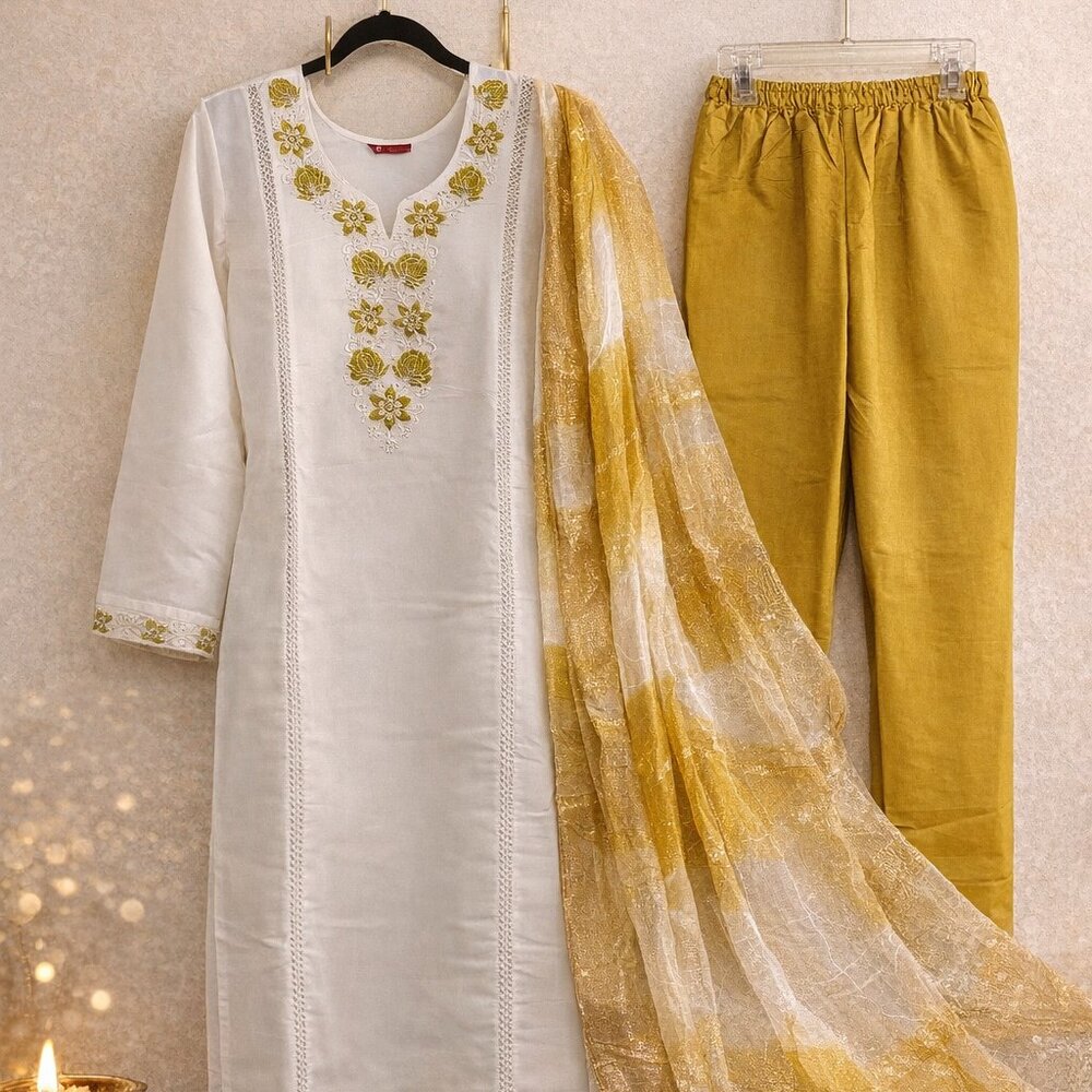 Elegant White & Green Embroidered Kurta Set with Mustard Accents
